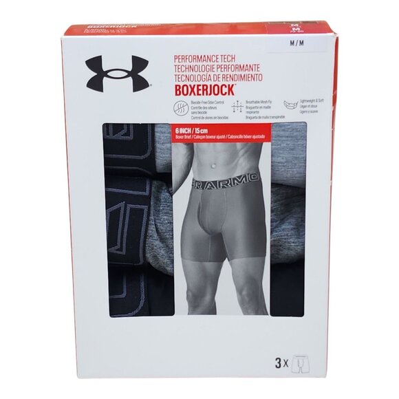 Under Armour Mens Boxerjock Boxer Briefs Performance Tech 6 Inch 3 Pack Medium - Picture 1 of 7